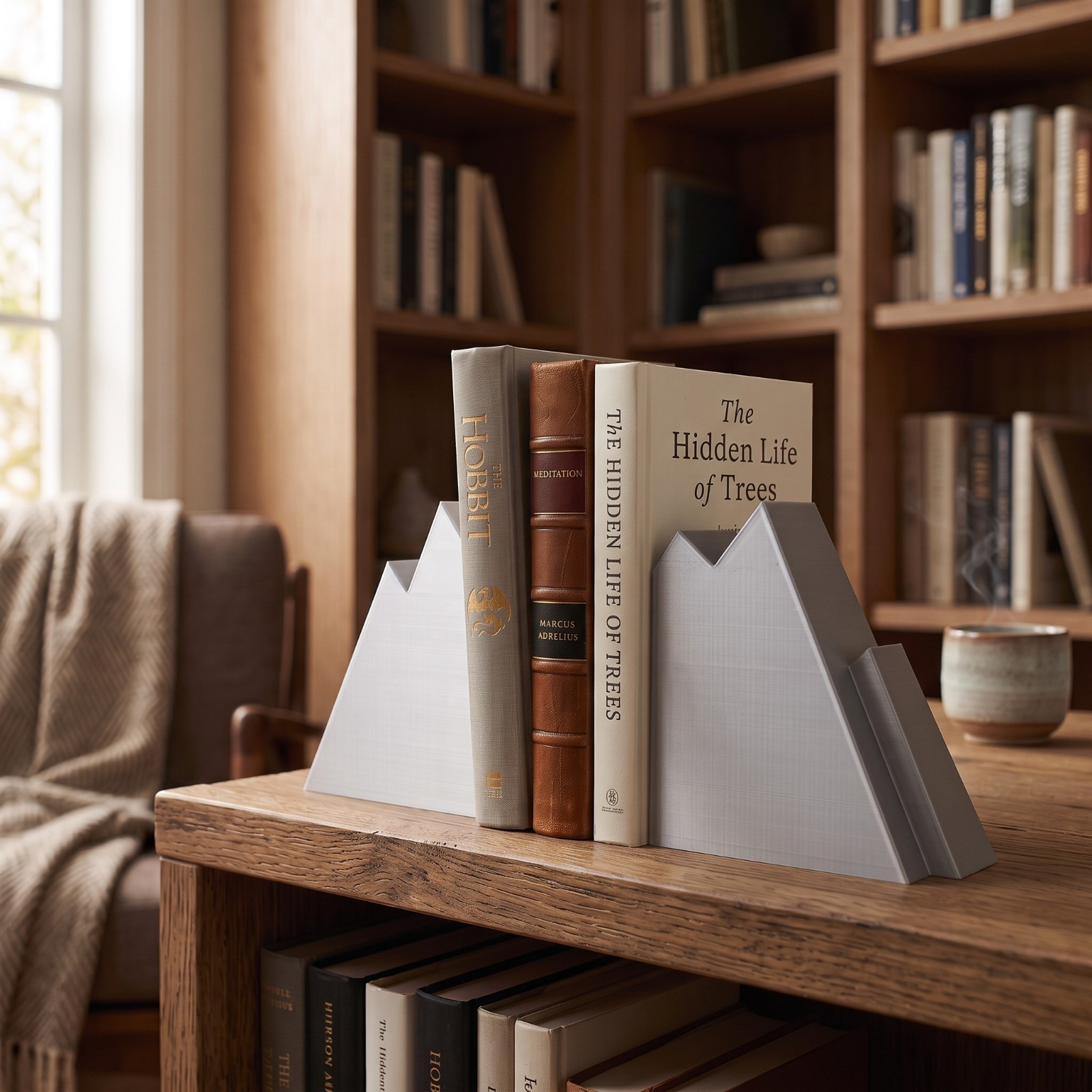 Fermalibri Design Montagna Reggilibri Moderno da Mensola Libreria Stampa 3D, vista 2