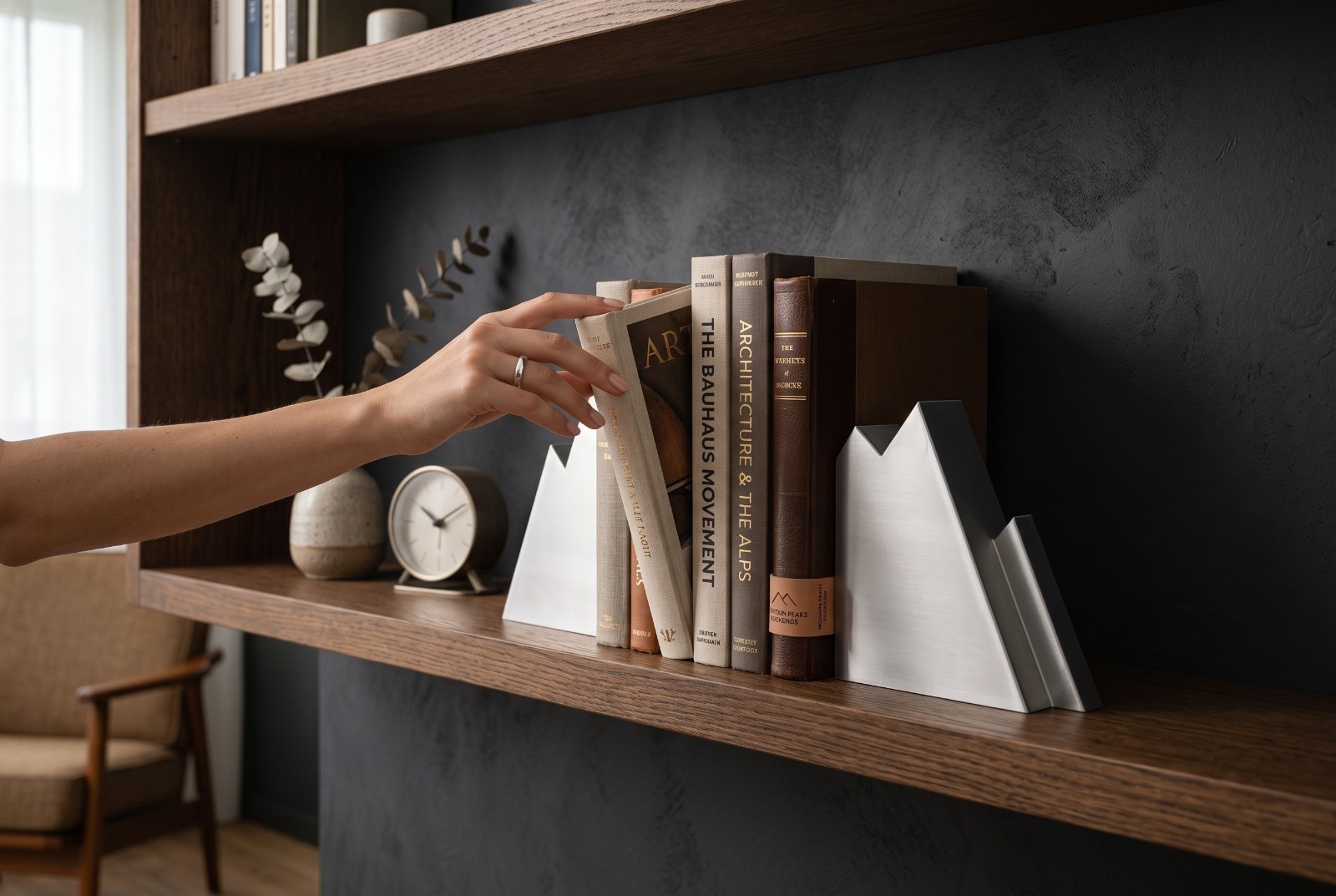 Fermalibri Design Montagna Reggilibri Moderno da Mensola Libreria Stampa 3D, vista 5