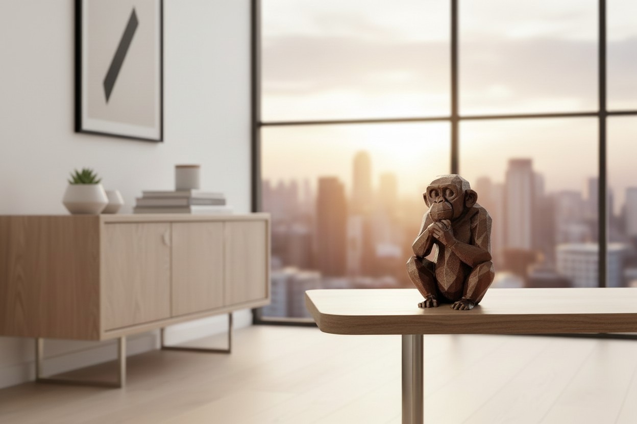 Scimmia Pensierosa Low Poly Statua Decorativa Stampa 3D Arredo Casa Ufficio, vista 3