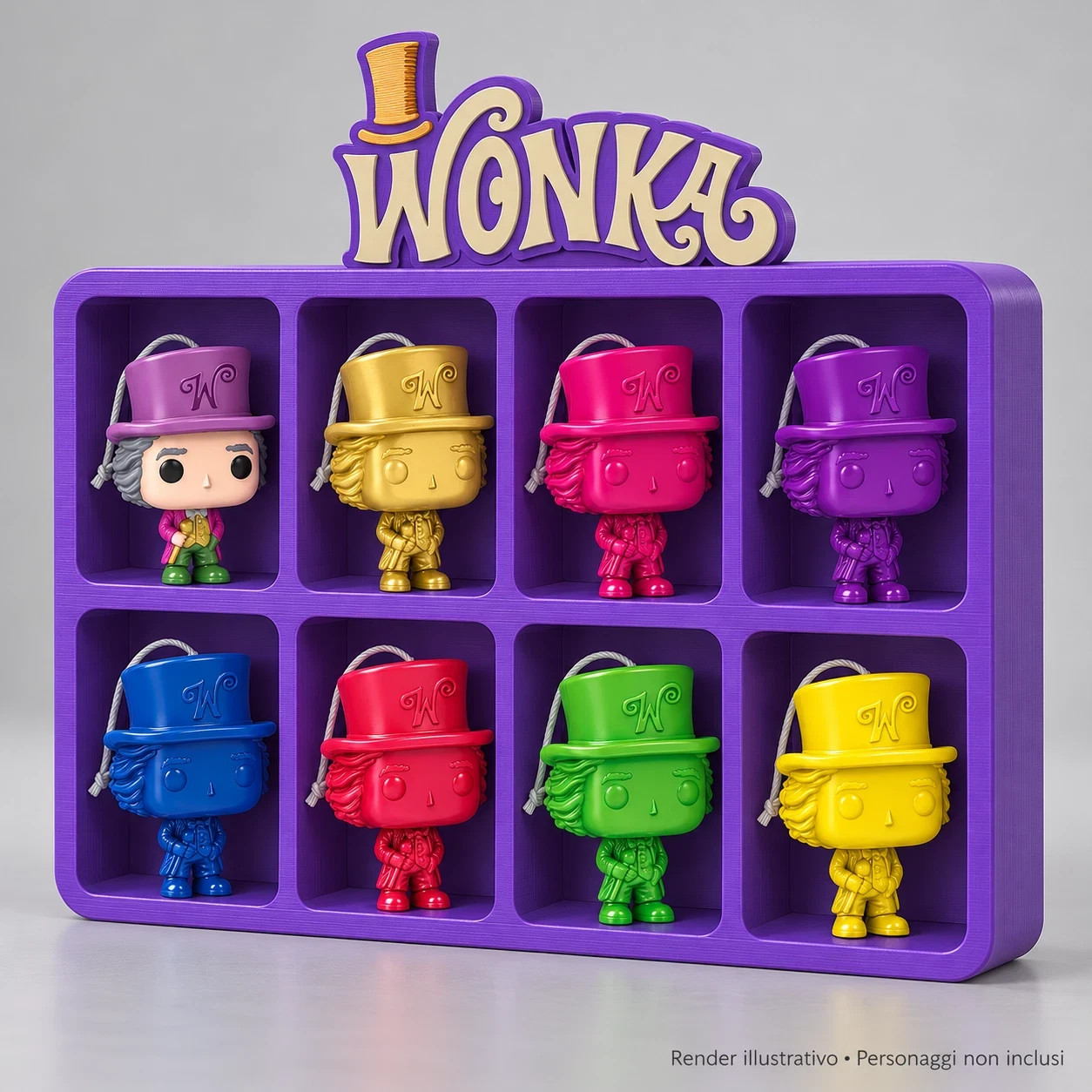 Espositore Wonka per 8 Funko Pop Kinder Joy Stampa 3D Colori Personalizzabili, vista 3