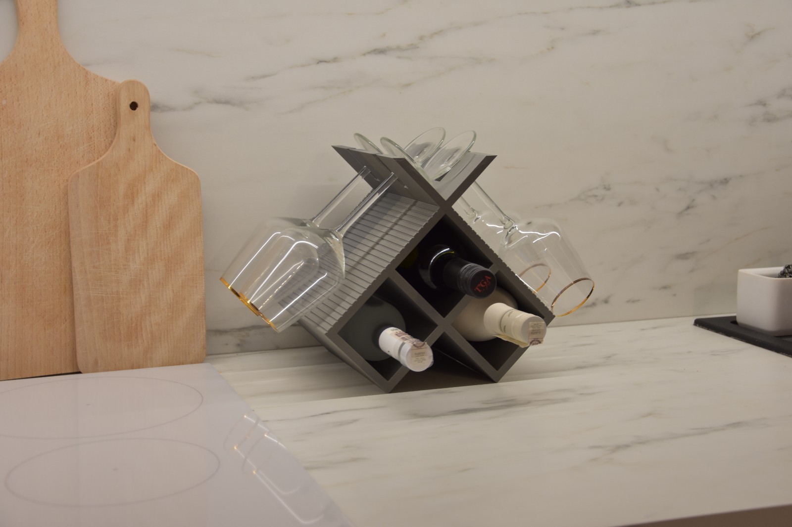 Portabottiglie Vino 3D con Porta Bicchieri | Design Moderno | Stampato 3D, vista 3